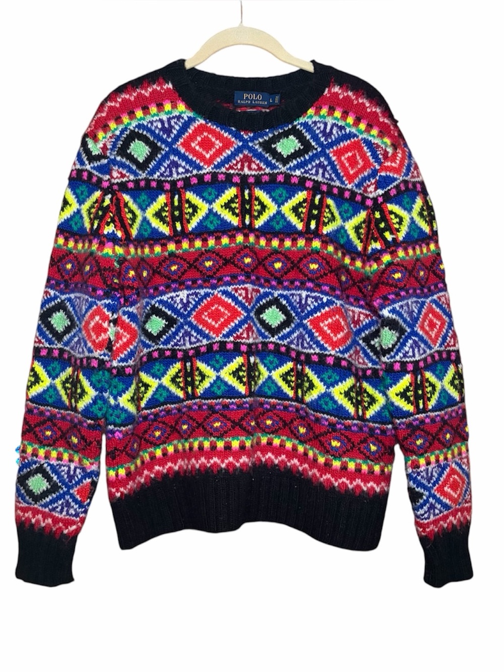 Vintage 90s Polo Ralph Lauren Hand Knit Merino Wool Geometric Sweater L